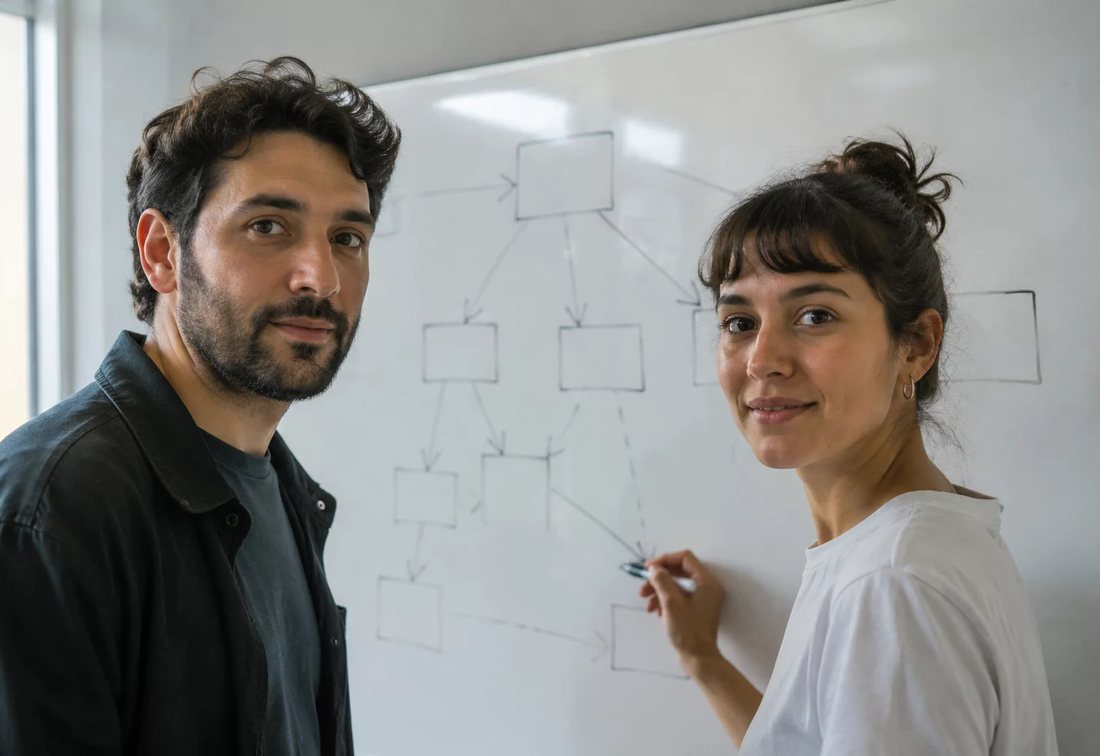 Dupla desenhando no quadro branco a estrutura de uma tese